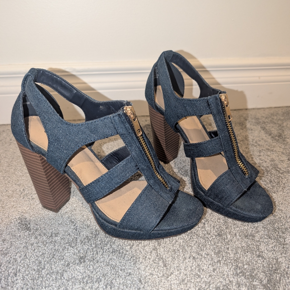 JustFab Navy Denim Block Heel Sandals